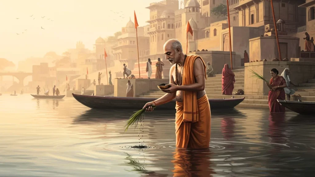 Image of a pandit doing tarpan rituals Pitrupaksha Shradh Rituals