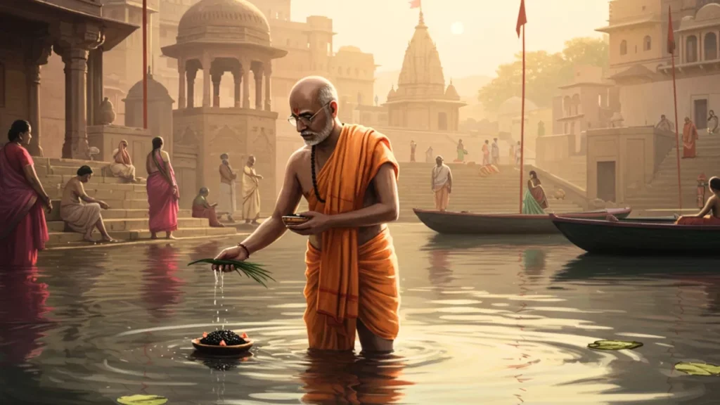 Image of a pandit doing tarpan ritual- Psychological Aspects of PitruPaksha