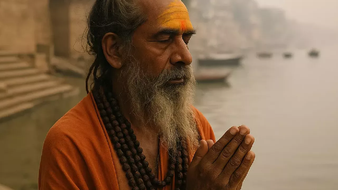 Image of a sadhu praying -Pitru Rina and Pitra Doshato god