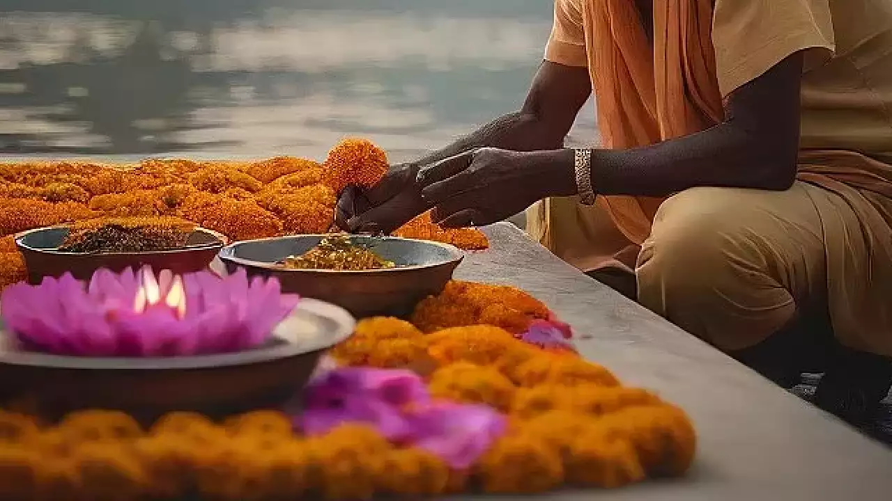 Image of a person performing nitya karma in Pitrupaksha-Pitrupaksha and Nitya Karma