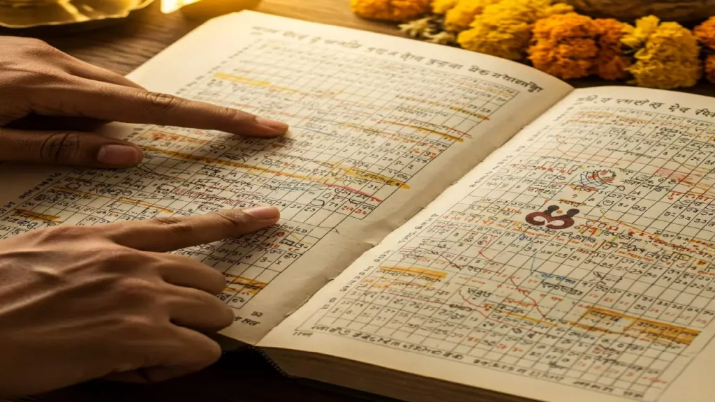 Picture of a book where some print of hindu symbol