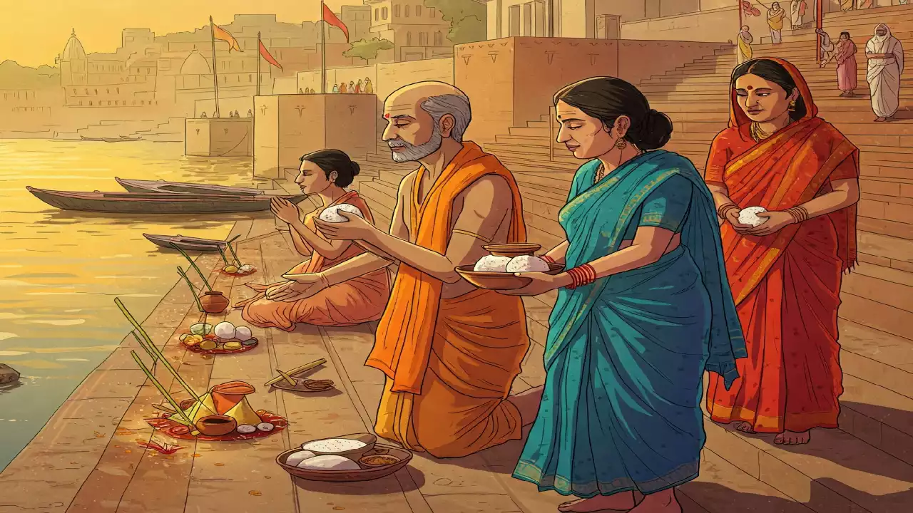 Image of a family near the ghats doing shradh rituals for their ancestors - Pitrupaksha dates resources