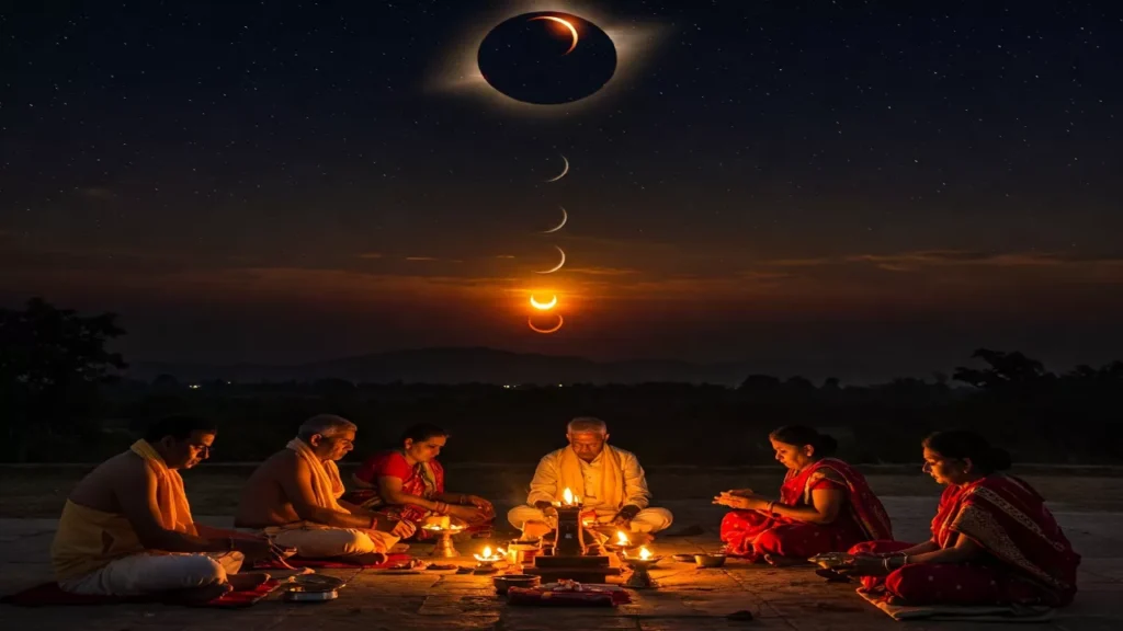 Image of Shradh rituals being performed during powerful celestial events mentioned in Puranas. Depict people making offerings respectfully outdoors, with a dramatic sky showing a solar/lunar eclipse in progress, OR the sun positioned strikingly for a solstice/equinox/Sankranti. Emphasize harnessing cosmic alignments for ancestral rites outside Pitrupaksha.