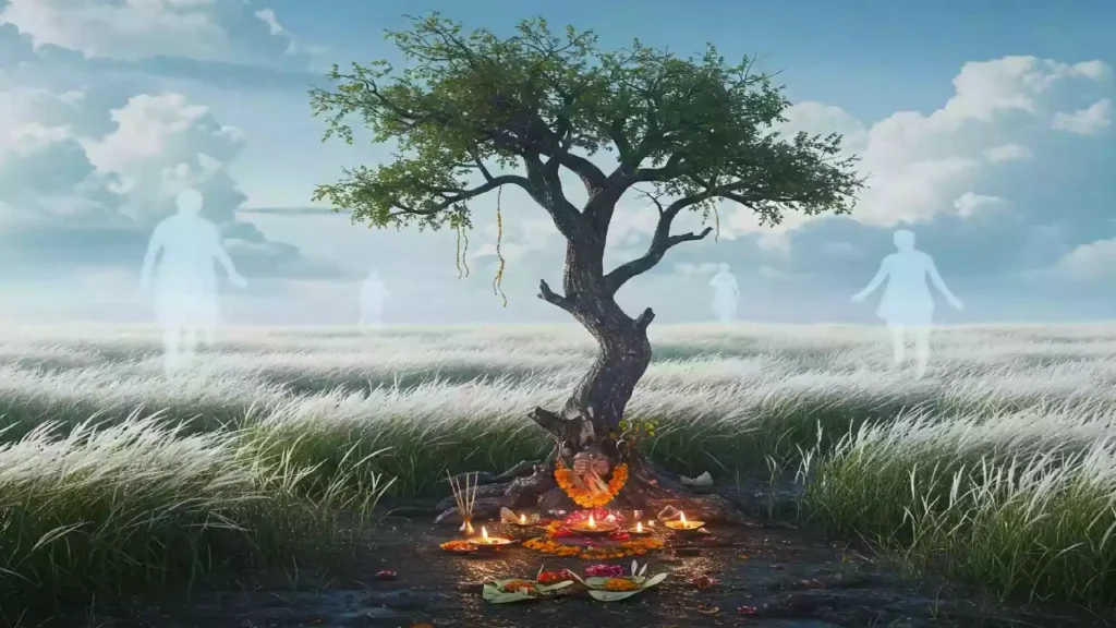 -A picture of illustrating the transition from monsoon to autumn as the setting for Pitrupaksha. Show a landscape with damp earth and receding rain clouds ('Monsoon's Farewell') juxtaposed with blooming white Kash phool (Kans grass) under a clearer, soft autumn sky ('Autumn's Embrace'). Subtly integrate symbols of Pitrupaksha, like simple offerings placed reverently in nature or faint ancestral figures hinted at in the light. Focus on the sacred, peaceful atmosphere of the season - Why Pitrupaksha is in autumn