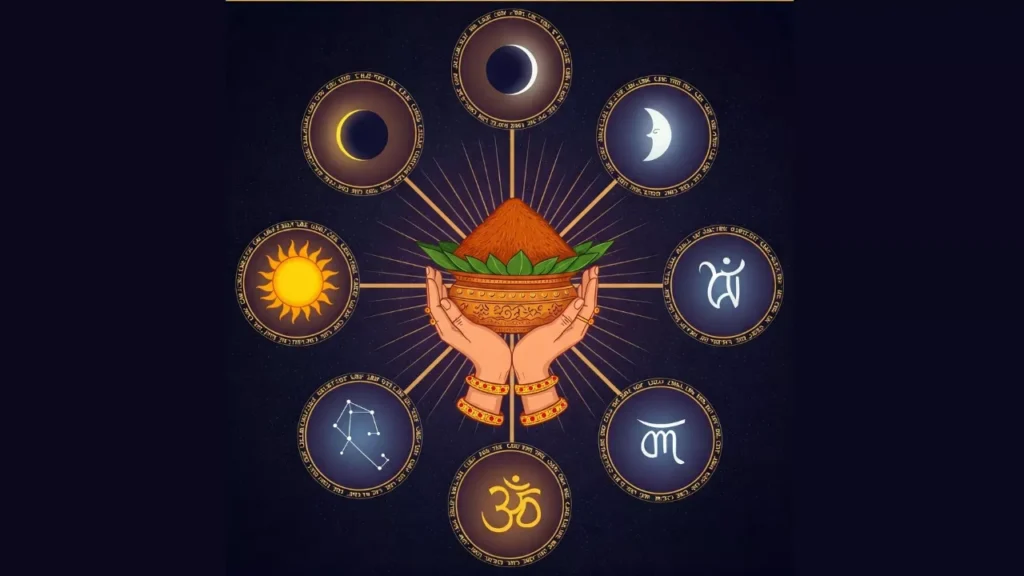 Hindu ritual symbolism: Offering pot surrounded by celestial (sun, moon) and sacred (Om) icons.- When to perform Shradh