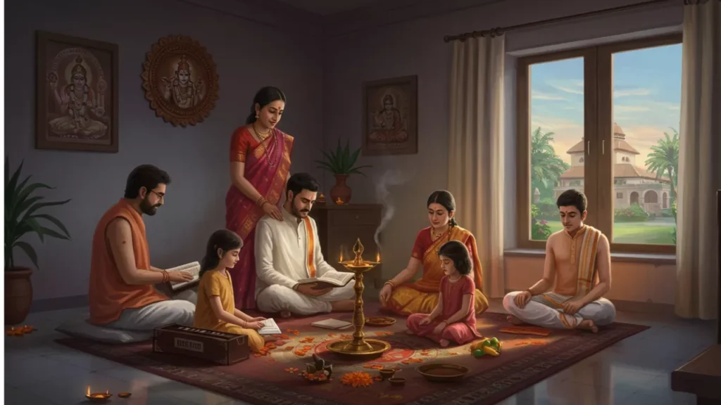 A family performs a Shradh ceremony at home, reading scriptures and offering prayers with a lit diya.
