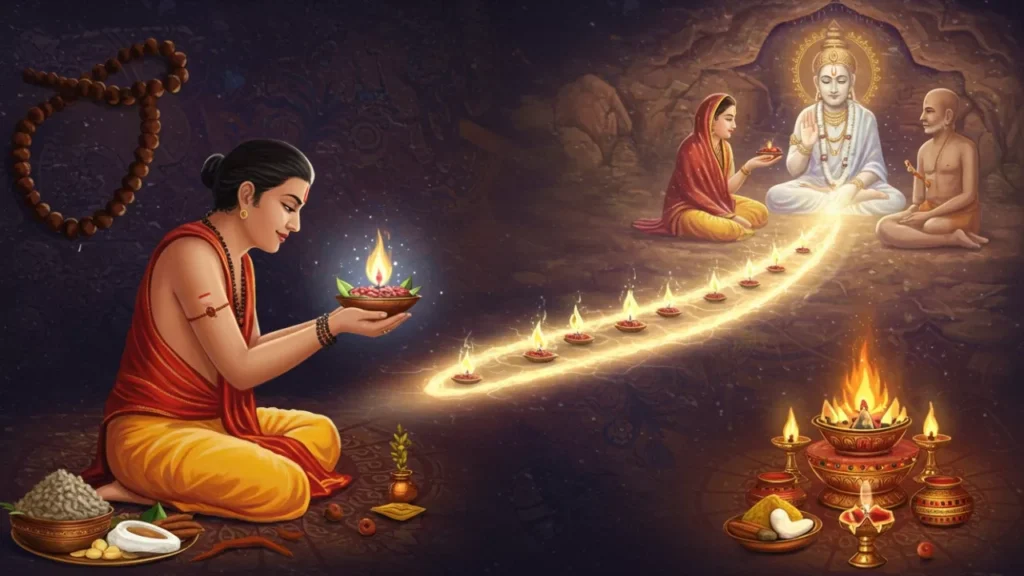 Image of A devotee performs Shradh, offering a lit diya to ancestors, with Pind Daan and sacred fire (Havan) visible.- Respecting elders during Pitrupaksha