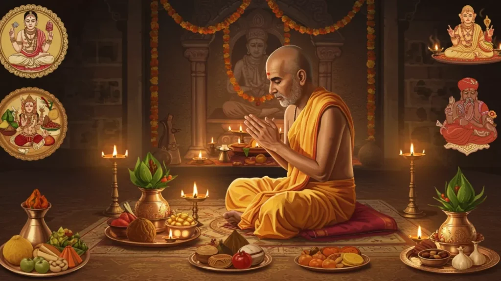A priest performs Shradh rituals, praying amidst offerings, diyas, and images of deities or ancestors- Brahmacharya Pitrupaksha rules