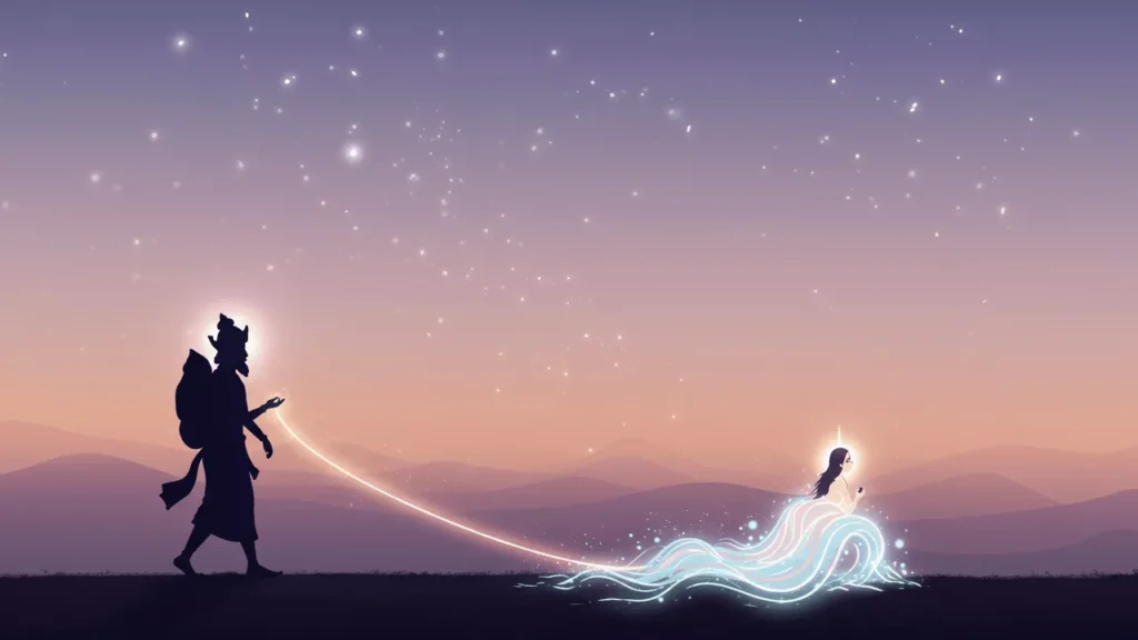 Image of Silhouette of Bhagirath leads Maa Ganga, whose form flows like a river, under a starry sky- Bhagiratha Ganga Ancestor Salvation Story