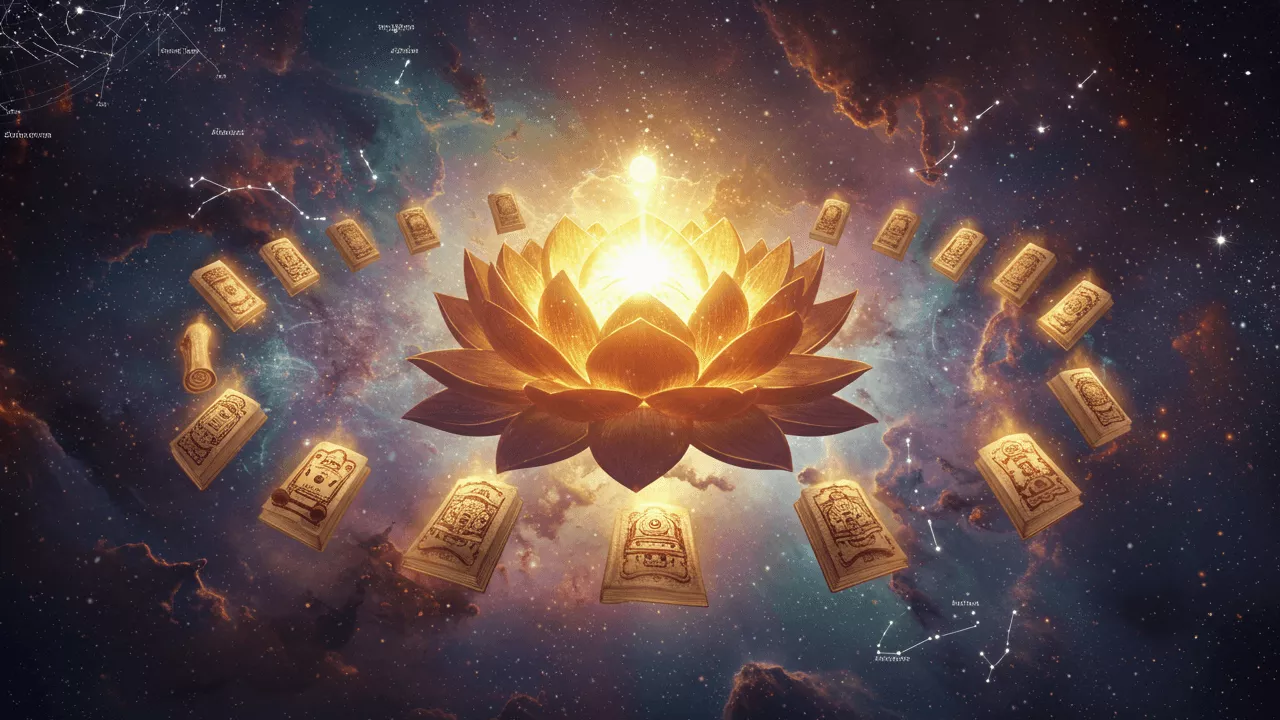 Picture of lotus and surrounding the puranas- Crows Eating Pindas