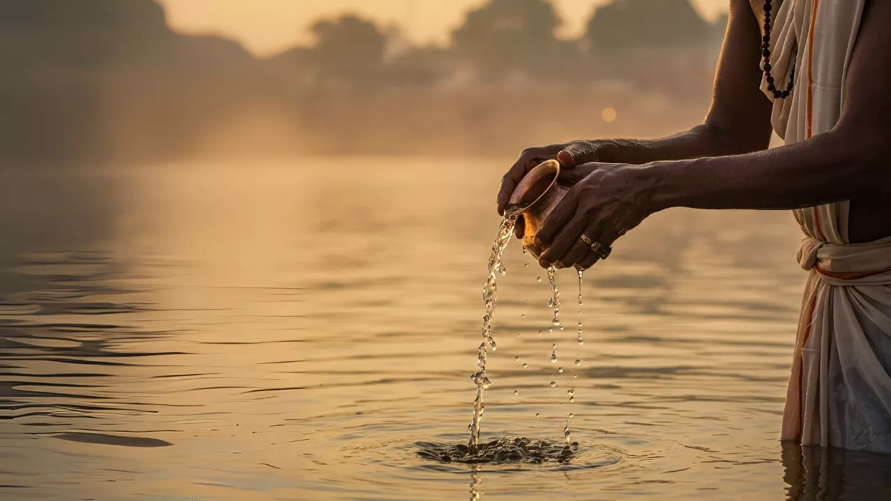 Performing Tarpan: Offering water from a copper vessel into the river at sunrise/sunset. Ritual act- Kusha grass significance Tarpan 