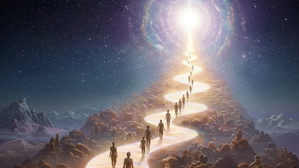 Image of Souls walk along a winding path towards a brilliant light in a cosmic sky, representing the soul's journey or pilgrimage towards the divine- Lessons from Pitrupaksha legends