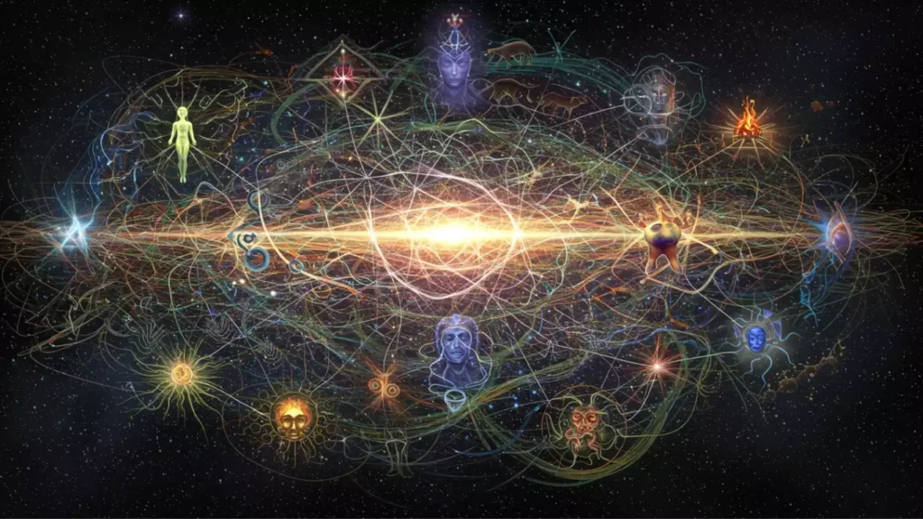Image of An intricate cosmic web connecting various celestial bodies, deities, and symbols, representing the interconnectedness of the universe and different planes of existence- Lessons from Pitrupaksha legends