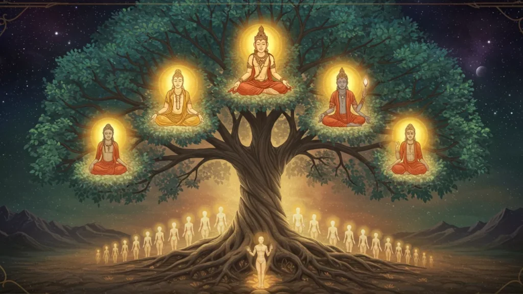 Image of A sacred tree with meditating enlightened beings on its branches. Spirit figures (pitrus/ancestors) emerge from its roots, connecting generations- Deva Pitrus Concept