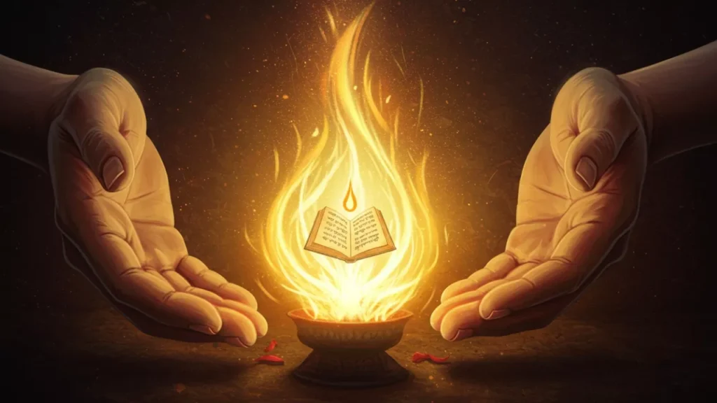 Image of hands by a flaming offering bowl with a sacred book at the center of the flame. Symbolic of offerings and divine wisdom- Lessons from Pitrupaksha legends