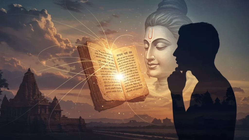 Image of Silhouette of a man contemplating a glowing sacred book, with a deity's face and a temple in the background. Represents devotion, scripture study, and divine presence- Lessons from Pitrupaksha legends