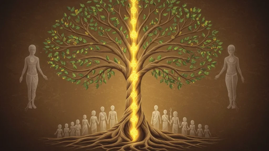 Image of A tree with a glowing central trunk (like the Sushumna nadi) with chakras. Ancestral spirit figures stand on either side, with a line of descendants at the roots, symbolizing spiritual lineage and Kundalini energy- Lessons from Pitrupaksha legends