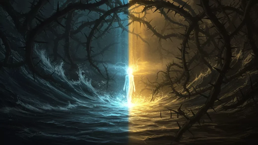 Image of A glowing spirit figure stands between dark, thorny waters and a path of light, symbolizing a soul's journey through trials towards enlightenment. A glowing spirit figure stands between dark, thorny waters and a path of light, symbolizing a soul's journey through trials towards enlightenment.- Lessons from Pitrupaksha legends