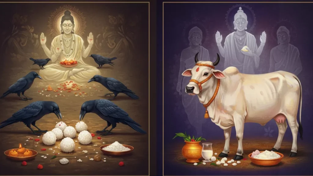 Image of Two panels illustrating Shradh rituals: Left - Crows eat Pind Daan before a deity. Right - A cow is honored with offerings before ancestral spirits- Food for crows cows Pitrupaksha
