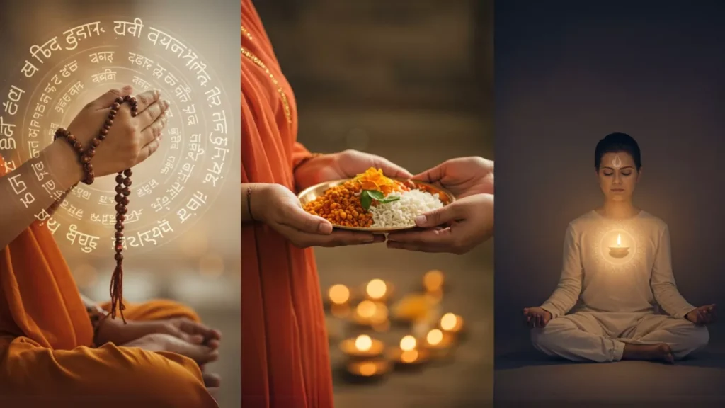 Image of Collage showing Pitru Paksha rituals: chanting mantras, offering Pind Daan (food), and meditating for ancestors- Ethical Conduct Pitrupaksha