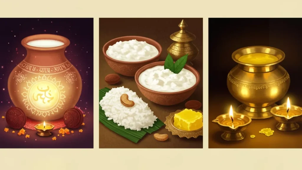 Image id divide into three part:Left panel: A sacred pot (Kalash) with an Om symbol and a lit diya, representing auspiciousness in Hindu rituals. Two Pind Daan (rice balls) are placed in front. Center panel: Cooked rice on a banana leaf with cashews, bowls of curd or kheer, and ghee, all common offerings for Shradh. Right panel: A brass pot filled with ghee, with two lit diyas, symbolizing light and purity in Pitru Paksha ceremonies.- Dairy product in Pitrupaksha Diet