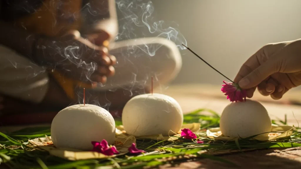 During a Pind Daan ceremony, a devotee offers flowers and incense on rice balls (pindas) to honor their ancestors- Making Pindas at home