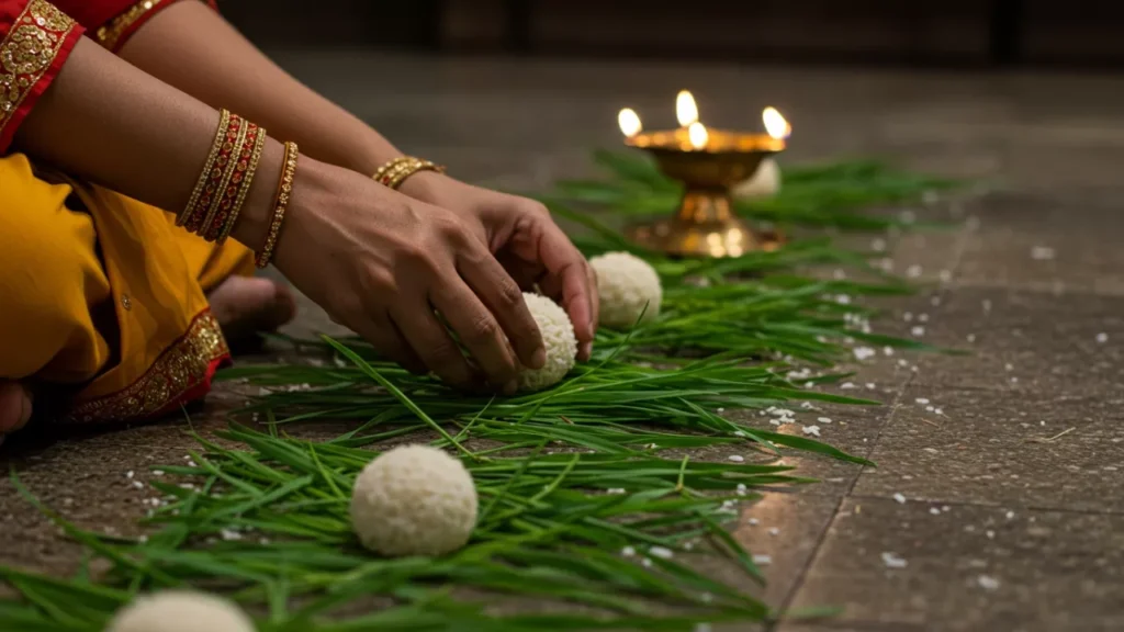 Offering pindas on sacred grass for ancestral peace- Where to perform Shradh at home