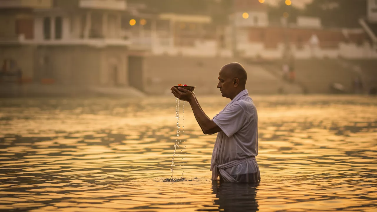 Image of A mid age person during pitrupaksha rituals in Puskar lake- Shradh in Pushkar