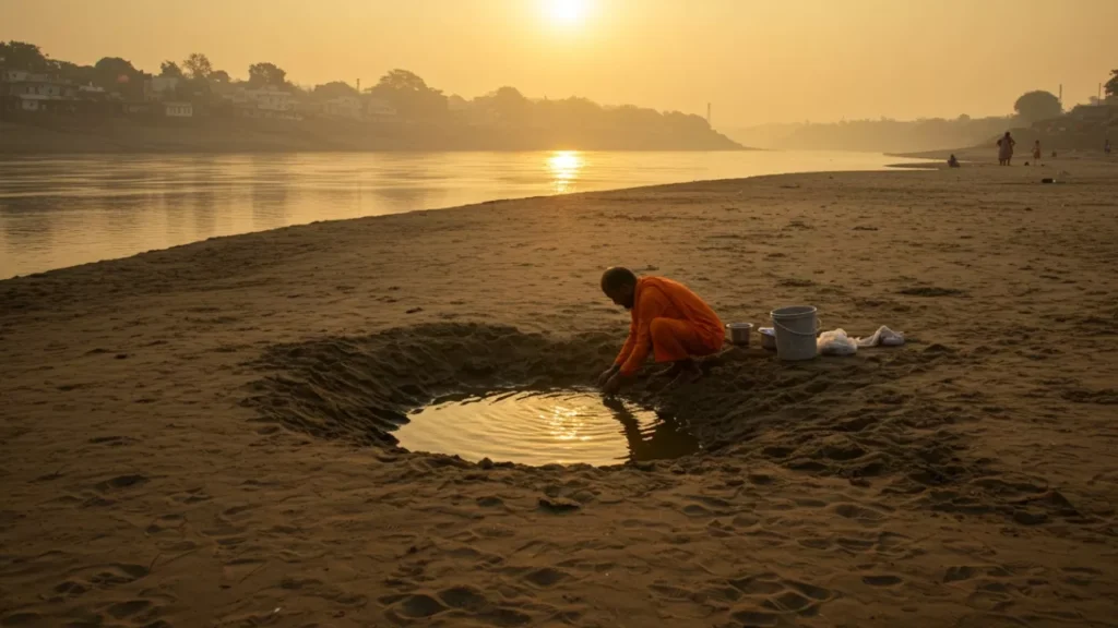 At sunrise by a river, a holy man performs the sacred Tarpan ritual, offering water to his ancestors- Gaya Pind Daan destinationac