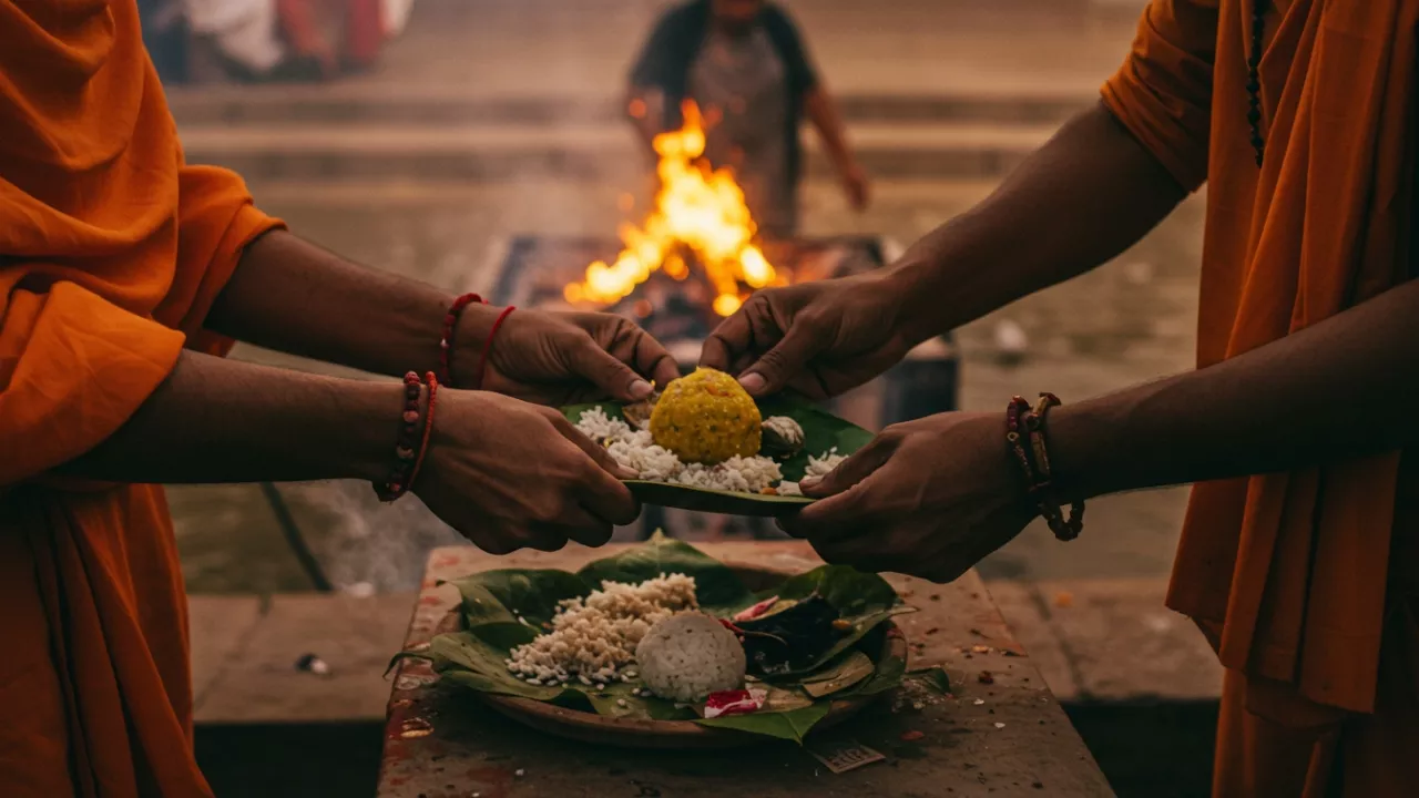 Image of two persons holding a leaf, Pind ball placed on the leaf- Atmosphere at Tirthas During Pitrupaksha