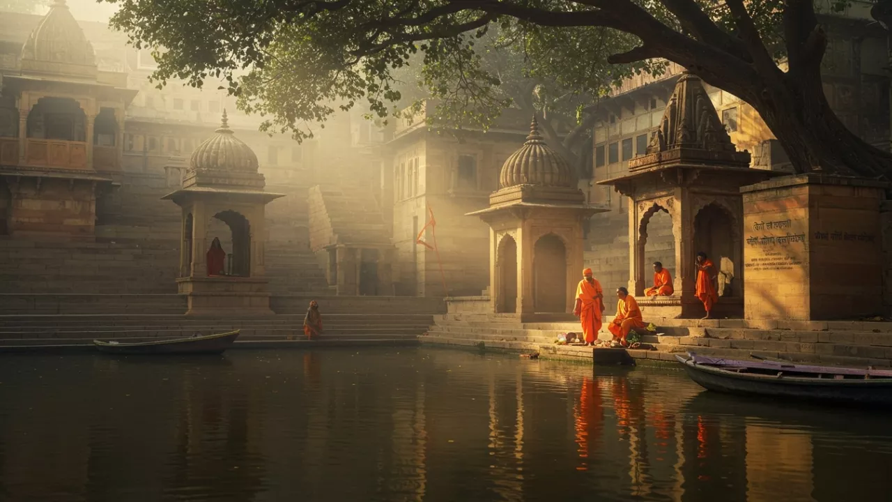 Image of A lake and side of lake some people doing rituals- Atmosphere at Tirthas During Pitrupaksha